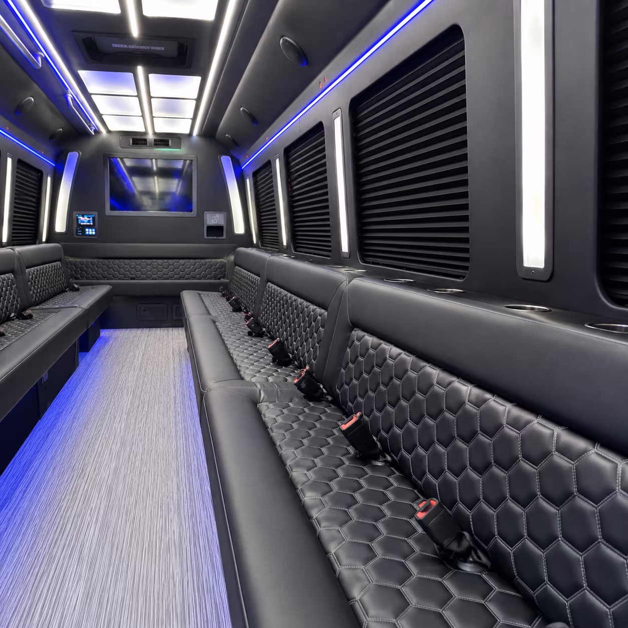 Passenger seating aboard a party bus rental serving Bakersfield